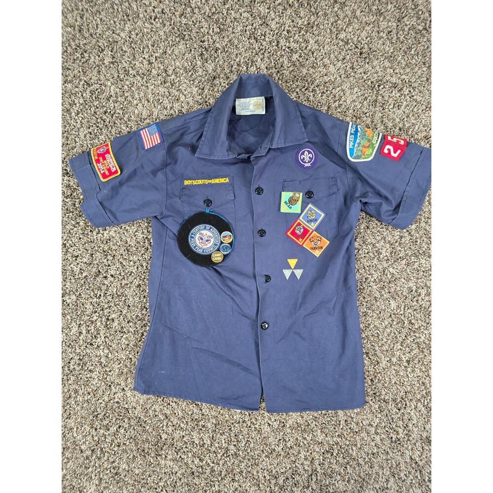 BSA Boy Scouts of America Boys Sz M Short Sleeve Uniform Shirt w/ Patches Blue